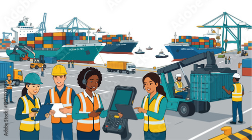 Diverse team of logistics workers collaborating at a busy shipping port with cargo ships, cranes, and containers illustrating global trade and supply chain operations