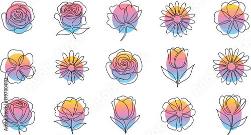 Colorful Gradient Floral Icon Set Featuring Modern Flowers with Soft Rainbow Blends for Trendy Design, Social Media Graphics, Stickers, and Creative Branding