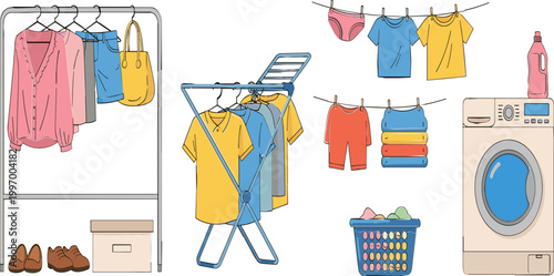 Illustrations of Laundry Setup with Clothes Drying Racks, Washing Machine, and Colorful Clothing for Household Chores Designs