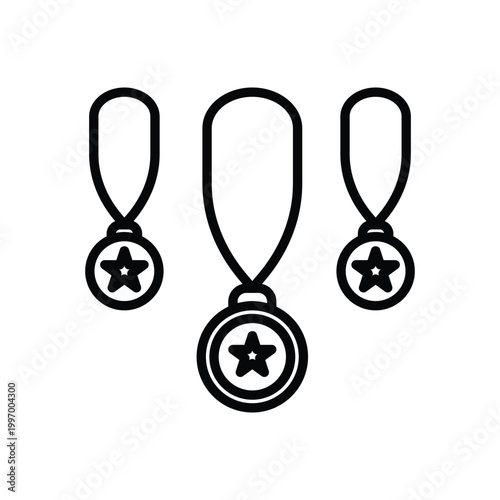 Star medal icons, award symbols, vector graphics, black and white, 3 medals