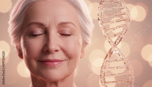 Serene senior woman with closed eyes posing next to glowing DNA double helix structure symbolizing genetics and longevity
