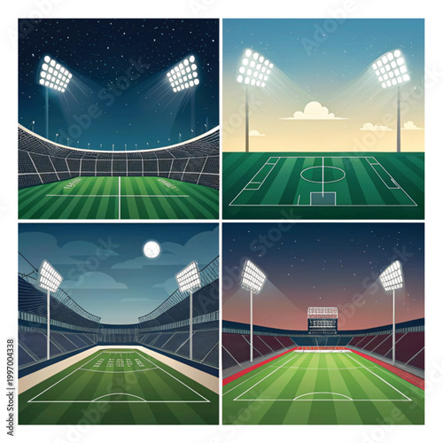 Four Soccer Stadiums Under Different Night Sky Conditions football arena