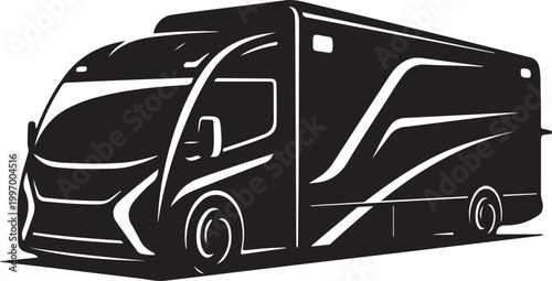 Modern RV, motorhome, camper van, black and white vector illustration