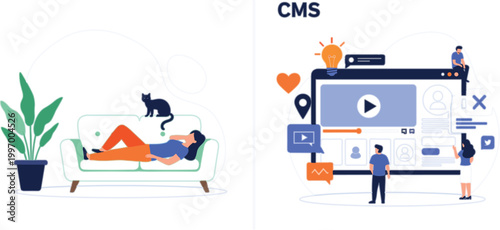 Content management system vector illustration with CMS dashboard, digital marketing tools and remote work lifestyle concept design