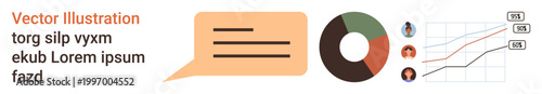 Business analytics, social media, marketing strategies, communication tools, data sharing, team performance. A speech bubble, pie chart graph and icons. Business analytics and communication tools