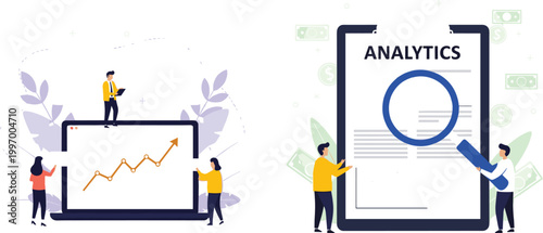 Business analytics report vector illustration with growth chart, data analysis dashboard and financial performance monitoring concept