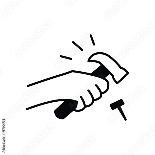 Hand holding hammer, hammering nail, black line icon, construction tool, DIY symbol