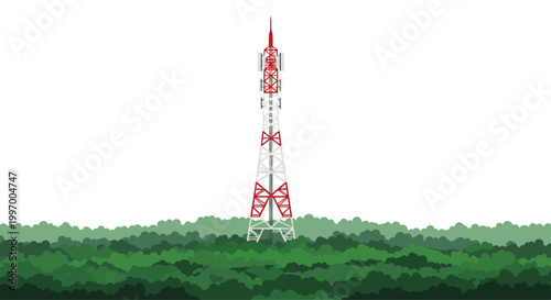A towering red and white lattice communication mast rises majestically above a lush green forest canopy against a stark white background for high visibility.