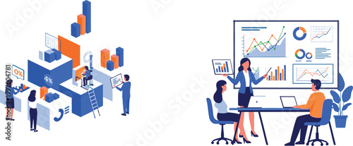 Business data analysis and presentation vector illustration with charts, reports, dashboard and team meeting collaboration concept