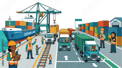 Diverse team of workers managing cargo operations at a busy shipping port with container ship, cranes, trucks, and stacks of shipping containers illustrating logistics and supply chain industry