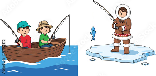 Illustrations of People Fishing on a Boat and Ice Fishing in Winter Environment for Outdoor Activity Designs