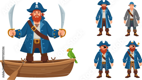 Illustrations of Pirate Captain with Parrot and Sword, Including Various Pirate Outfits for Adventure and Fantasy Designs