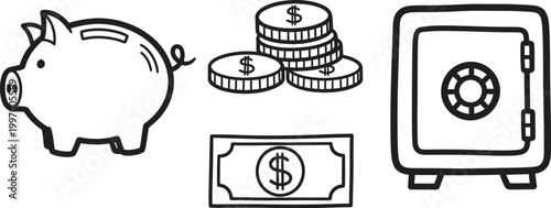 Financial security and savings a hand drawn illustration of money piggy bank safe and cash