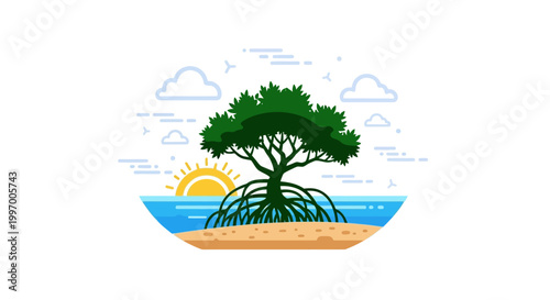 Tree with roots and green leaves.