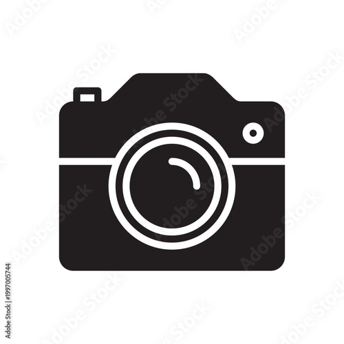 Camera icon, photography symbol, black and white graphic, vector illustration, simple design