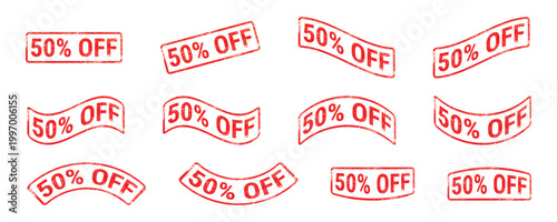 fifty percent off red grunge rubber stamp vector collection isolated on white background