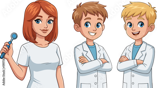 Illustrations of Children in Lab Coats with Magnifying Glass for Science and Education Designs