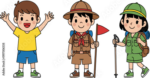 Illustrations of Children in Outdoor Adventure and Hiking Gear for Summer Camp and Exploration Designs