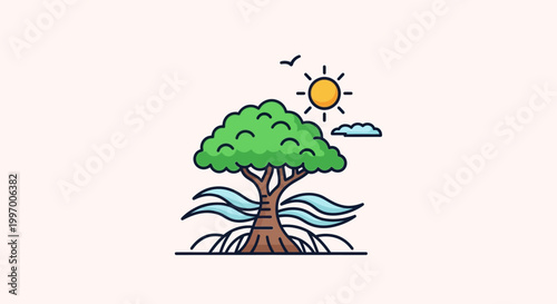 Tree with Green Leaves and Roots.