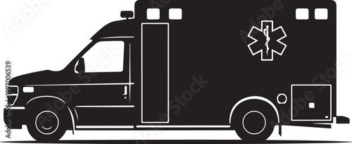 Black ambulance vector, emergency medical services icon, paramedic vehicle illustration, medical transport symbol