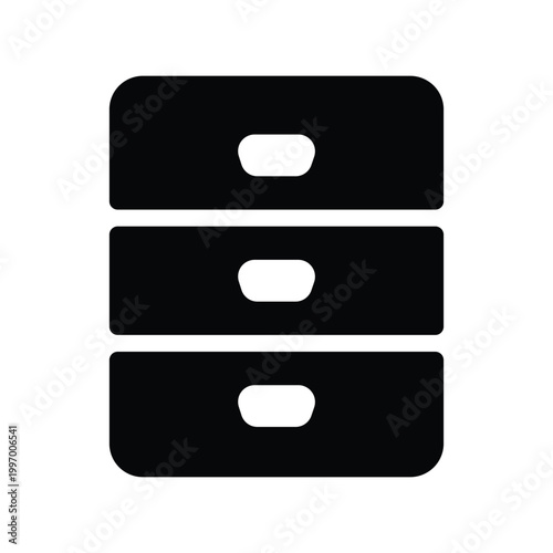 Black server icons, database symbols, web hosting graphics, flat design elements