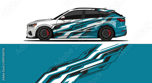 Sleek blue sports car with dynamic teal stripes, rendered as a modern automotive illustration.