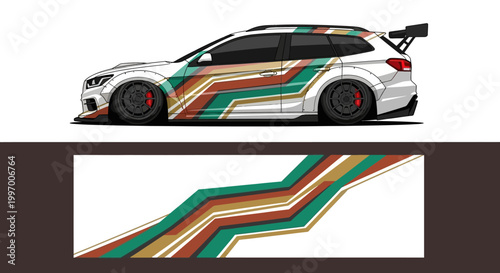 Side profile of a high speed race car with vibrant racing livery and matching stripe graphics.