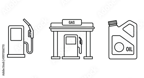 Line art illustration of a gas station fuel pump and oil container