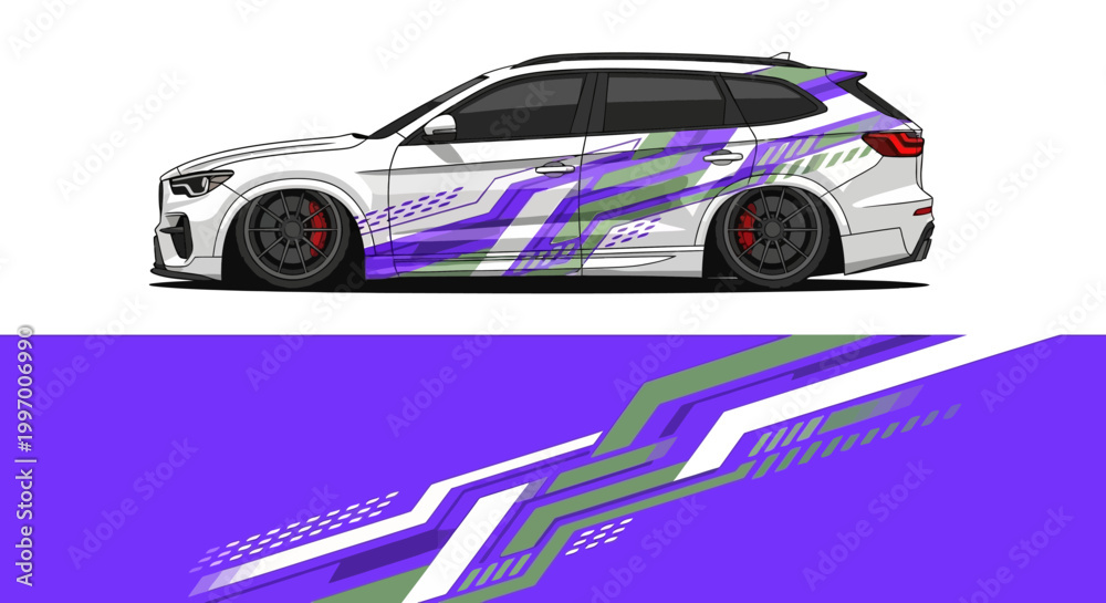 Fototapeta premium Vibrant white and purple racing car with dynamic graphics on split background.