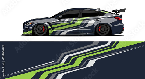 High-contrast racing car with vivid green and blue livery featuring bold stripes and aero accents.