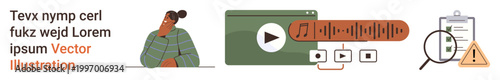 Education tools, media analysis, digital learning, online communication, content creation, quality control. Person thinking near media player icons, clipboard magnifying glass. Media analysis