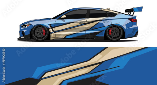 Blue race car with gold graphic stripe and large rear spoiler.