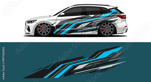 Sleek sports car graphic with blue and teal stripes, modern automotive artwork featuring bold silhouette and dynamic styling.