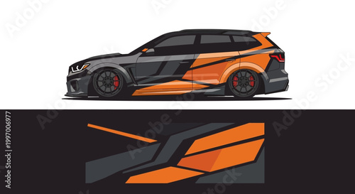 Sleek orange and black concept sports car side profile with futuristic aerodynamic styling.