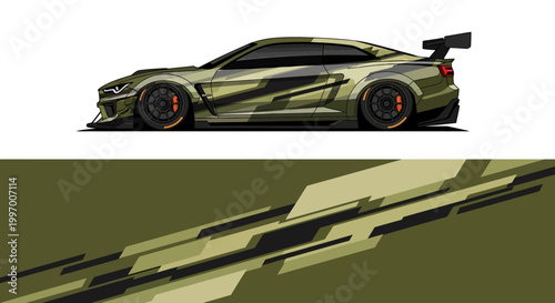 Sleek camouflage-patterned sports car with aerodynamic wing and bold futuristic design.