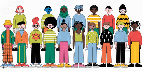A diverse group of people standing in two rows, each with different skin tones, hairstyles, and clothing. Bold colors, varied patterns, and accessories like hats, glasses, and headscarves emphasize.