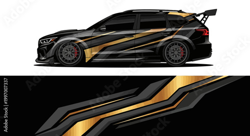 Sleek black sports car with gold racing stripes under dramatic lighting.