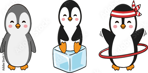 Illustrations of Cute Penguins with Ice, Hula Hoop, and Fun Poses for Animal and Winter Designs