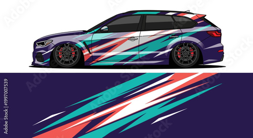 Sleek racing car with vibrant blue and teal graphics and dynamic swoosh motif.