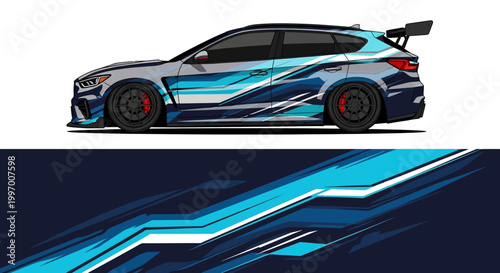 Vibrant blue race car illustration featuring dynamic graphics and aerodynamic detailing.