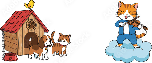 Illustrations of Cute Pets Including Dogs, Cats, Bird, and Musician Cat on Cloud for Animal and Fun Designs