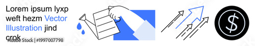 Business strategy, financial services, economic growth, income potential, productivity, revenue goals. Hand holding document with arrows and dollar sign icon. Business strategy and financial services