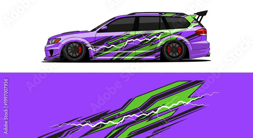 Sporty modified hatchback with bold purple and lime graffiti styling on a sleek car silhouette.
