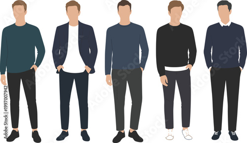 Stylish Fashion Men Group in Trendy Casual Summer Outfits Modern Flat Vector Illustration Isolated on White