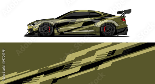 Camouflaged high performance sports car with side profile view.