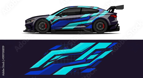 Sleek blue race car side profile with bold geometric branding and spoiler.