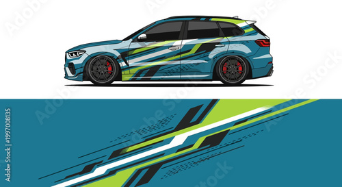 Side view of a blue sports car with dynamic green and white racing wrap design.