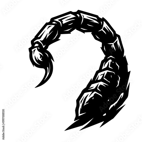 Stylized Scorpion Stinger Icon. A bold black and white vector focusing on the curved tail and venomous barb, representing precision, lethal action, and peak performance.
 