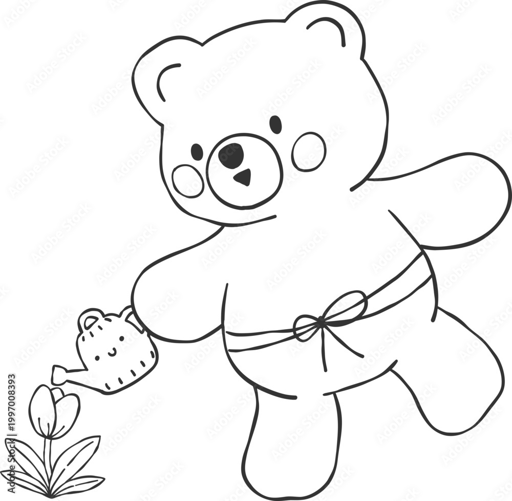 Fototapeta premium Outline Spring Bear Coquette Joyful Spring Garden Nature cute cartoon design illustration 