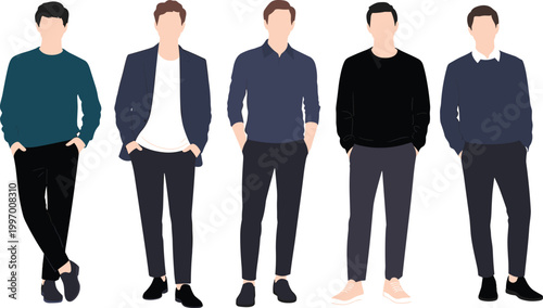 Stylish Fashion Men Group in Trendy Casual Summer Outfits Modern Flat Vector Illustration Isolated on White